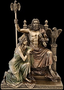 Detaljeret bronzefigur af Zeus og Hera på tronen med ørn og lyn